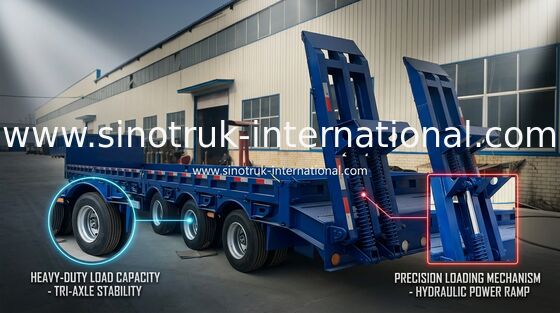 3 Axles 80 Tons 17m Hydraulic Flatbed Trailer สำหรับการโหลดเครื่องจักรก่อสร้าง