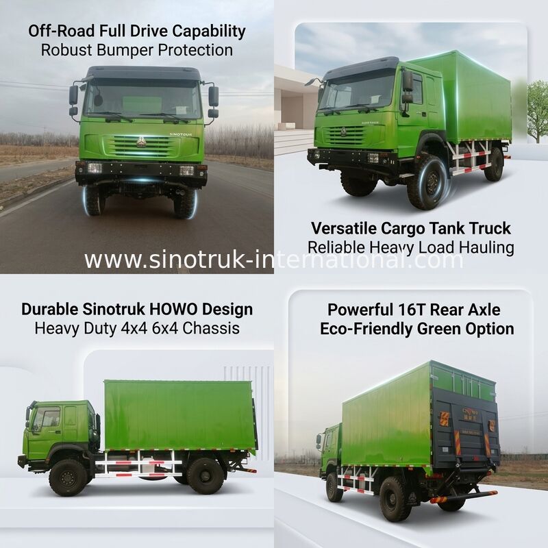 SINOTRUK รถบรรทุกหนักแบบ 4X4 LHD ขนาดจูง 5000*2300*2300 มิลลิเมตร ถังสินค้า และความจุของแกนหลัง 16 ตัน สําหรับการขนสินค้าหนัก