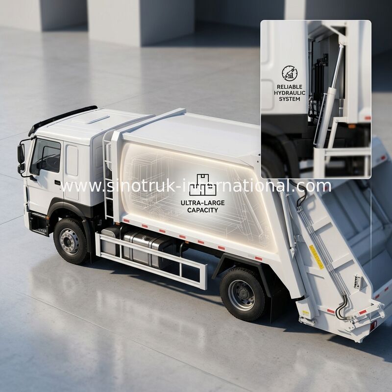 SINOTRUK 300 HP 4×2 รถบรรทุกขยะพับด้วยแรงเคลื่อนย้าย 30T สําหรับการจัดการขยะที่มีประสิทธิภาพ