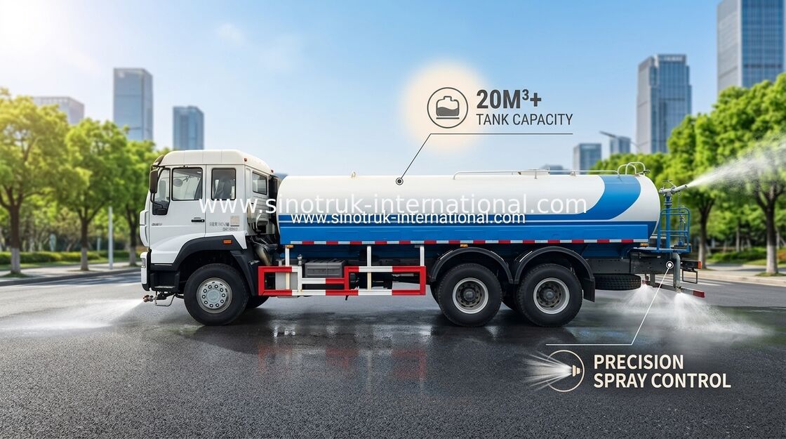 รถบรรทุกถังน้ำขนาด 5,000 แกลลอน SINOTRUK 11.00R20 ยางเรเดียล 9920 × 2496 × 3550 Mm