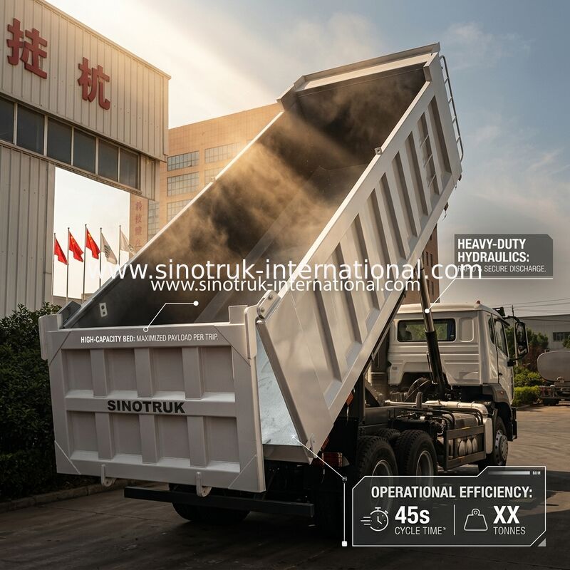 SINOTRUK HOHAN Howo รถดั้มพ์เทรลเลอร์ ยกกลาง เครื่องยนต์ Weichai 6 × 4 LHD กล่องบรรทุกทรงสี่เหลี่ยม สีขาว 19-20 ลูกบาศก์เมตร