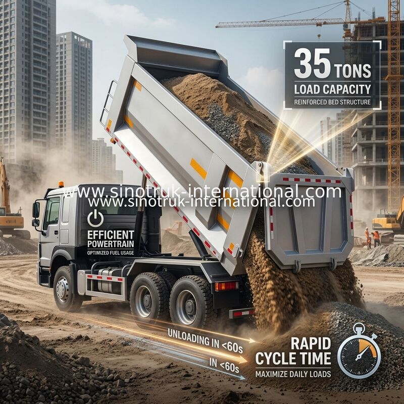 SINOTRUK HOWO 371HP 8x4 รถดั๊มพ์ Tipper สำหรับงานก่อสร้าง รุ่นเก่า หน้าตรง กันชนแบบทหาร สำหรับพื้นที่เหมืองแร่ ไฟเตือนสองดวง ตู้คอนเทนเนอร์แบบ U