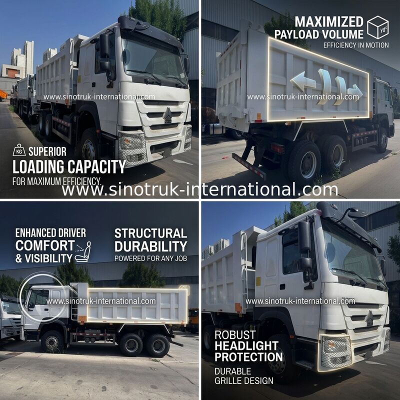 เครื่องยนต์ SINOTRUK 371HP 6 × 4 รถดัมพ์ HOWO พวงมาลัยซ้าย สีขาว 19-20CBM ยกกลาง