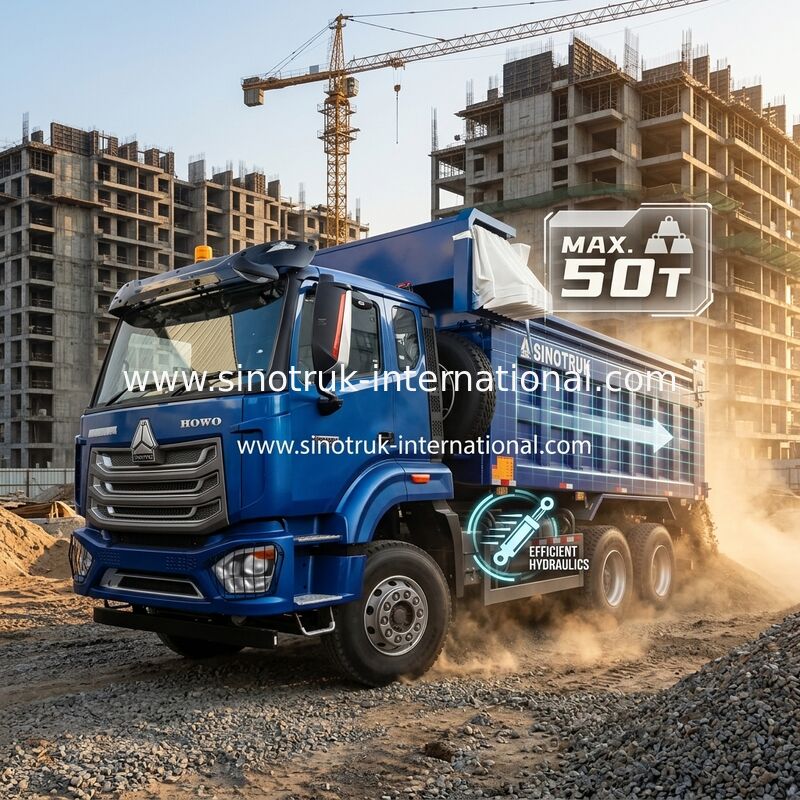 SINOTRUK HOHAN NEW HOWO 30 - 40 ตัน RHD 10 ล้อ กระเบื้องสําหรับการก่อสร้าง สีฟ้า ประสิทธิภาพสูง การยกและการลด