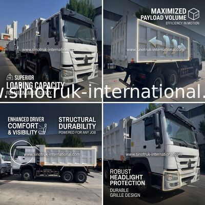 เครื่องยนต์ SINOTRUK 371HP 6 × 4 รถดัมพ์ HOWO พวงมาลัยซ้าย สีขาว 19-20CBM ยกกลาง
